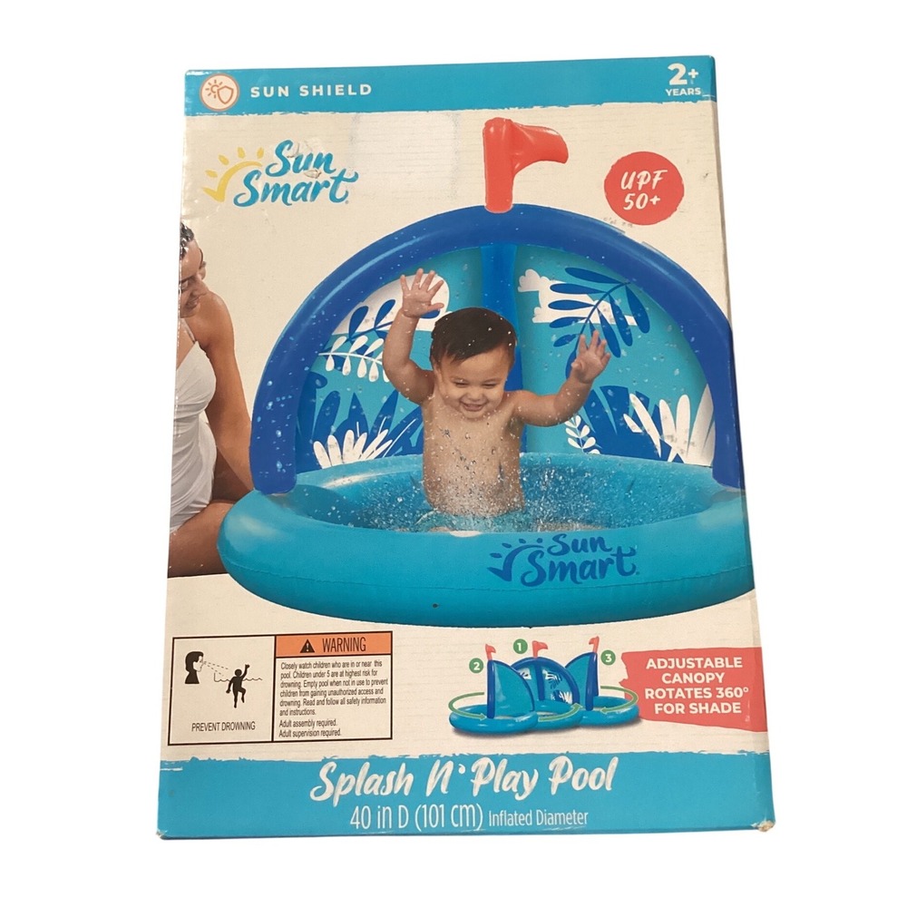 Sun‎ Smart Splash N Play Pool 40in Blue Inflatable Baby Pool with UPF 50+ Canopy